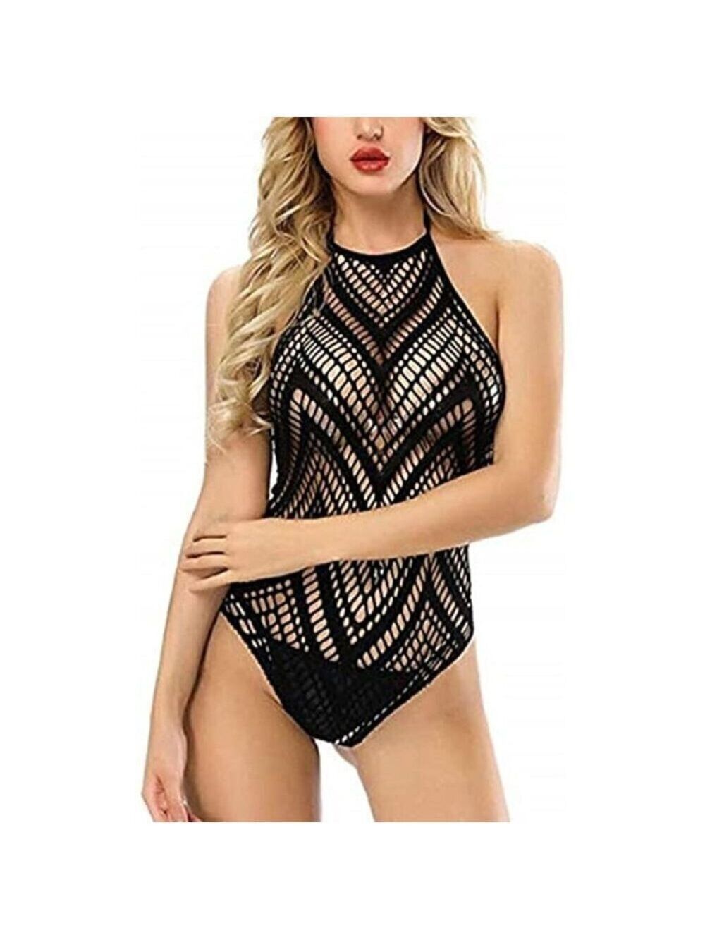 FISHNET Halter Chemise Deep V Hot Mesh Mini Dress Bodysuit Dress Babydoll NWT
